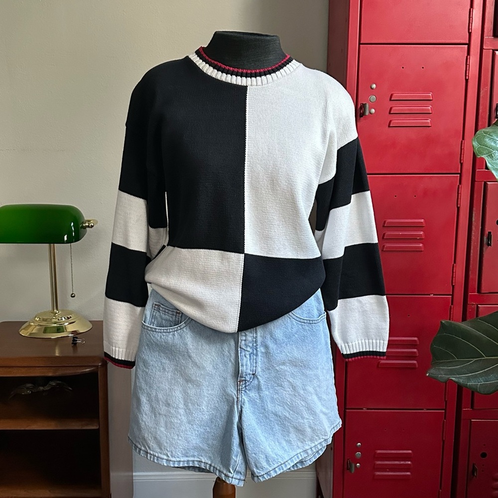 Vintage Delia McKain Black White Colorblock checker stripe knit Sweater Cotton